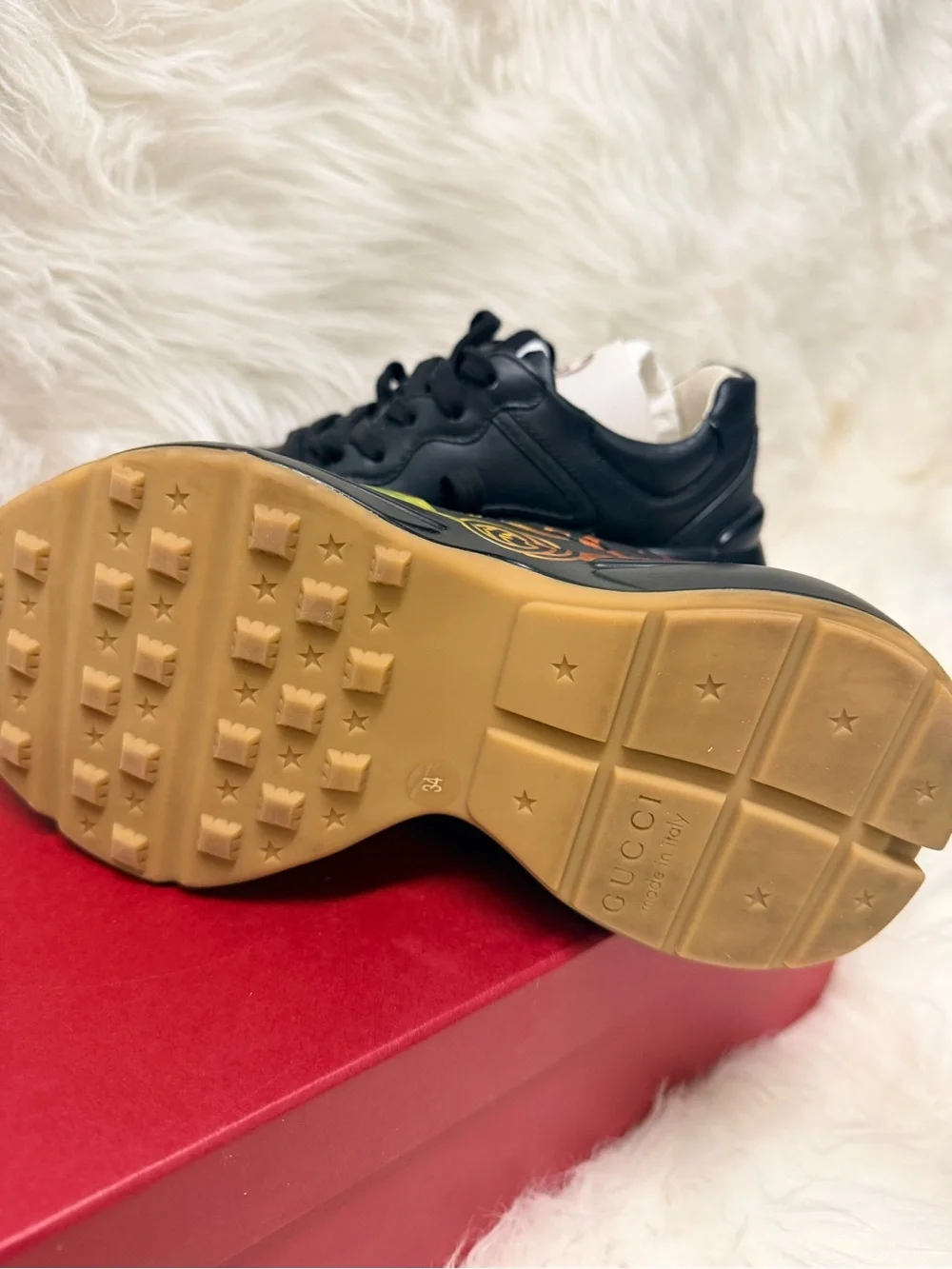 Gucci Black Leather Sneakers with Rainbow Logo